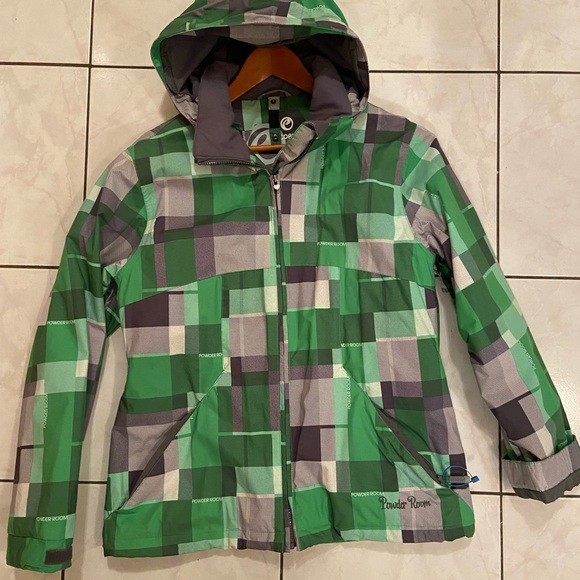 Core Powder Room 5000mm Green & Grey Zip Up Checker Ski/Snowboard Jacket - Picture 2 of 6